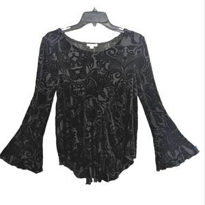 Ultra Pink Velvet Burnout semi sheer black bell sleeve top blouse S